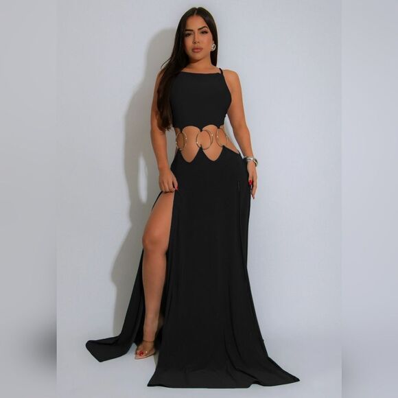 Dresses & Skirts - Ringed Open Back Slit Up  Maxi Dress-Black